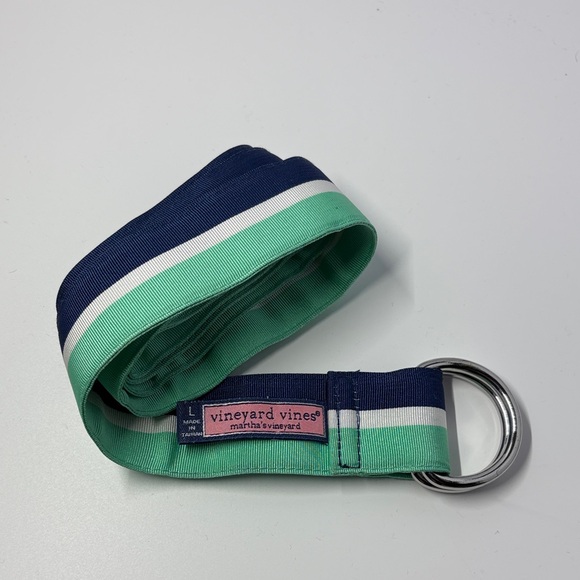 Vineyard Vines D-ring Ribbon belt Navy Green White Stripes‎ Men’s L - Picture 2 of 5